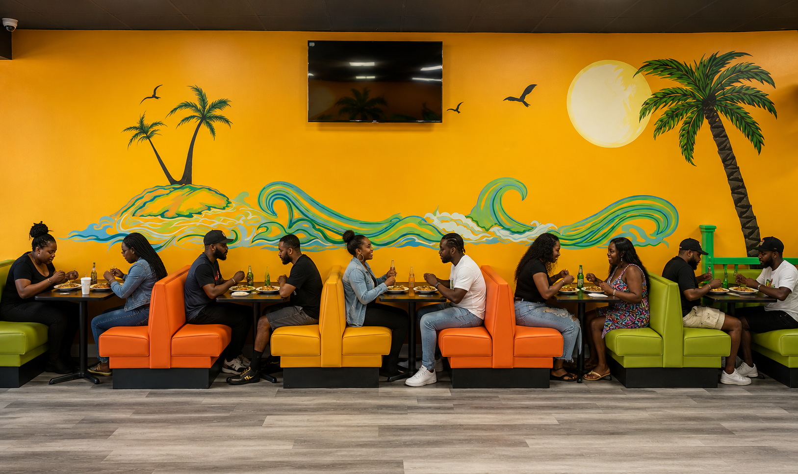 Mama Spice dining room with colorful booths and an island wave mural